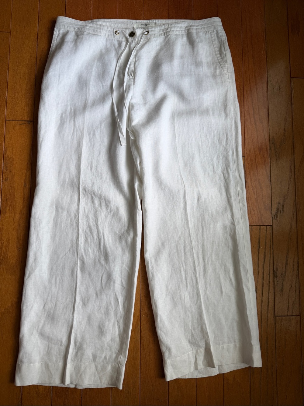Women’s White Linen Wide Leg Pants Size 16 Petite Pockets Drawstring Waist